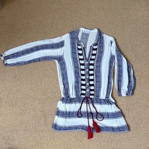 Bindu Blue White Boho Romper Embroidered Tassel Drawstring M Pockets